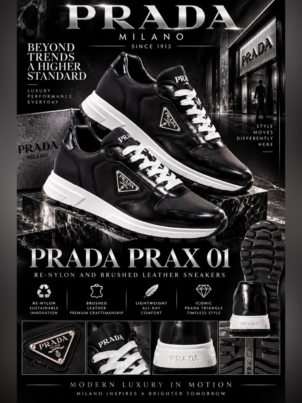 Black Prada Prax 01 Re-Nylon and brushed leather sneakers!🔥New! Size: 9.5us